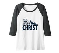 Real Men Follow Christ Mountain Faith Inspiration Raglan Baseball Tee, Women, Dark Heather/White, S