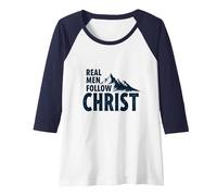 Real Men Follow Christ Mountain Faith Inspiration Raglan Baseball Tee, Women, Navy/White, S