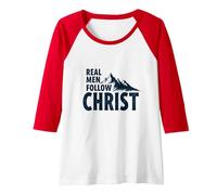 Real Men Follow Christ Mountain Faith Inspiration Raglan Baseball Tee, Women, Red/White, S
