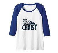 Real Men Follow Christ Mountain Faith Inspiration Raglan Baseball Tee, Women, Royal Blue/White, M