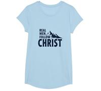 Real Men Follow Christ Mountain Faith Inspiration T-Shirt, Girls, Baby Blue, Medium