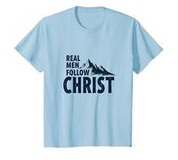 Real Men Follow Christ Mountain Faith Inspiration T-Shirt, Kids, Baby Blue, 12 Years