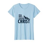 Real Men Follow Christ Mountain Faith Inspiration T-Shirt, Women, Baby Blue, L