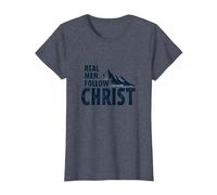Real Men Follow Christ Mountain Faith Inspiration T-Shirt, Women, Heather Blue, M