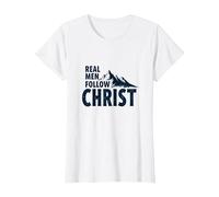 Real Men Follow Christ Mountain Faith Inspiration T-Shirt, Women, White, S