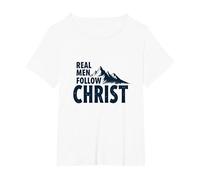 Real Men Follow Christ Mountain Faith Inspiration T-Shirt, Women's Plus, White, 4X