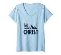 Real Men Follow Christ Mountain Faith Inspiration V-Neck T-Shirt, Women, Baby Blue, S