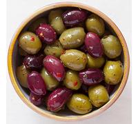 Real Olive Co - ‘Chilli Garlic & Basil Olives’ (Net 1kg). Deli Fresh Mixed Pitted Olives. Cold Pressed Oil.
