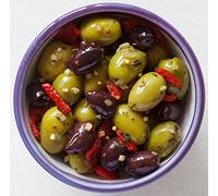 Real Olive Co - ‘Garlic, Pepper & Mustard Seed Olives’ (Net 1kg). Deli Fresh Mixed Pitted Olives. Cold-Pressed Oil.