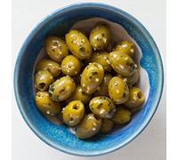 Real Olive Co - ‘Organic Wild Garlic & Basil Olives’ (Net 1kg). Deli Fresh Organic Green Pitted Olives. Cold Pressed Oil.