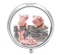 Real Pig Piglets Retro Wood Fence Iron Pill Box Case Organizer with Internal Separate Plastic Dividers, Travel Small Medicine Bag Holder Carrier Round Container