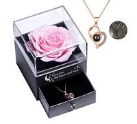 Real Preserved Rose with I Love You Necklace 100 Languages Jewelry Gift Box, Eternal Real Rose for Valentine's Day Mother's Day Wedding Anniversary Birthday Gift for Her, Pink