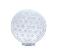 Real Selenite Charging Plate with Engraving "Flower of Life" Diameter 14.0 cm - Heavy Design 500 g - with Small Acrylic Stand
