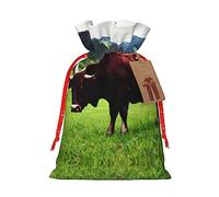 Real Swiss Cow Brown Print Drawstring Christmas Gift Bag With Tags Reusable For Birthday Parties Gift Weddings Holiday