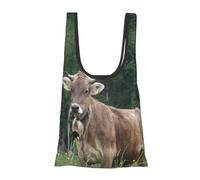 Real Swiss Cow Brown Print Foldable Reusable Grocery Bag Lightweight Shopping Tote for Groceries Travel Beach Eco-Friendly Compact Adventure Tote
