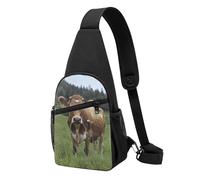 Real Swiss Cow Brown Printed Chest Bag Sling Bag for Men Women, Outdoor Crossbody Fanny Packs Hiking Chest Packs Sport Daypacks