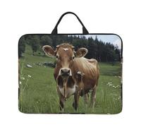 Real Swiss Cow Brown Printed Laptop Sleeve 14 inch Protective Case, Waterproof Computer Case Bag with Handle for Men and Women