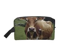 Real Swiss Cow Brown Printed Makeup Bag Large Travel Cosmetic Bags Waterproof Cosmetic Case Toiletry Bag Organizer for Women Mom Girls