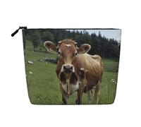 Real Swiss Cow Brown Printed Travel Makeup Bag Imitation Linen Cosmetic Bags Waterproof Cosmetic Case Organizer for Women