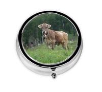 Real Swiss Cow Brown This Small, Printed, Round Pill Box is a Portable Pill and Vitamin Organizer Perfect for Pockets, Purses, and Travel.