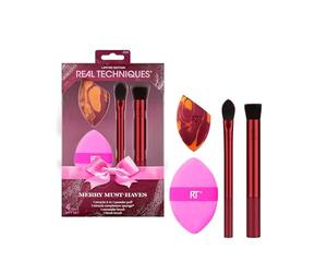 Real Techniques Merry Must-Haves 4-Piece Set with Miracle Complexion Sponge, 2-in-1 Powder Puff, Kitten Paw Concealer Brush & Filtered Ch rush, Vegan, Cruelty-Free, Flawless Makeup Tools