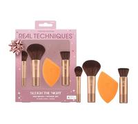 REAL TECHNIQUES Sleigh The Night Mini Brush + Sponge 4 Piece Set, Small Makeup Brushes For Travel, Makeup Sponge For Foundation & Concealer, Stocking Stuffer, Limited Edition, Latex-Free