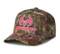 Real Tree Edge Pink Logo Camo Cap Hat Visor, Ladies Fit, Structured, Wicking Sweatband, Adjustable Vel-cro Back Strap for Ponytail Hole, Reeltree Country Hunting Fashion Cap Hat
