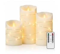 Real Wax LED Flameless Candles with Remote Control, 3 Pack Ivory Pillar Candles with Flickering Flame Effect & Fairy Lights, Battery Operated Candles with Timer Function for Home Decor, Christmas