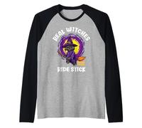 Real Witches Ride Stick Funny Black Cat Halloween Raglan Baseball Tee