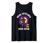 Real Witches Ride Stick Funny Black Cat Halloween Tank Top