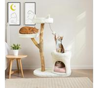 Real Wood Modern Cat Tower, Climbing Tower Cats Tree with Scratching Post and Ball, Cat Furniture with Flower Bed for 37.5" Tall, Branch Luxury Condo for Indoor Wood Cats Large Adult Tree, Warm White