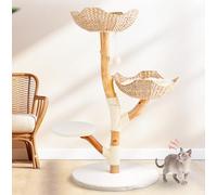 Real Wood Modern Cat Tree Tower, Cat Scratching Post with Bed for Indoor Cats Large Adult, Solid Wooden Climbing Tower, Cute Wicker Condo, Aesthetic Stand, Boho Luxury Pet Furniture