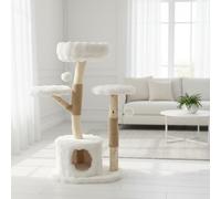 Real Wood Modern Cat Tree Tower for Indoor Cats - Multi-Level Stylish Cat Condo, Plush Cushions, Scratching Posts, White