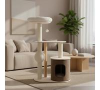 Real Wood Modern Cat Tree Tower for Indoor Cats - Multi-Level Stylish Cat Condo with Felt House, Plush Cushions, Scratching Posts