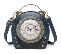 Real Working Clock Handbags Antique Clock Design Women Evening Cross Body Shoulder Bag, Pu Leather Retro Vintage Steampunk Style Cross Body Messenger Bag for Women Girls,Official Prim & Peach (Blue)
