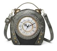 Real Working Clock Handbags Antique Design Women Evening Cross Body Shoulder Bag, Pu Leather Retro Vintage Steampunk Style Messenger Bag for Girls,Official Prim & Peach