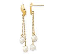 Real Yellow Gold 4-5mm White Rice Freshwater Cultured Pearl Dangle Earrings, 43mm Length