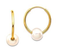Real Yellow Gold 5.5 mm White Round Freshwater Cultured Pearl Endless Hoop Earrings