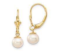 Real Yellow Gold 6-7mm White Round Freshwater Cultured Pearl Lever Back Earrings