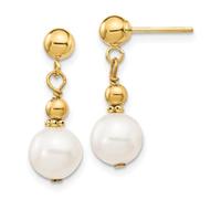 Real Yellow Gold 7-8mm White Round Freshwater Cultured Pearl Dangle Post Dangle Earrings
