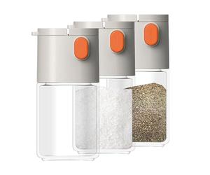 Realand 2 in 1 Salt Shaker with Quantitative Spout, 3-Pack Glass Salt and Pepper Shaker Dispenser, Spice Shaker for Salt Sugar Seasoning Kitchen BBQ Camping