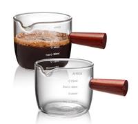 Realand 2 Pack 75ml/2.5oz Espresso Shot Glass, Single Spout with Wood Handle and V-Shaped Mouth Espresso Cups Clear Glass Measuring Cup Espresso Accessories Pitcher