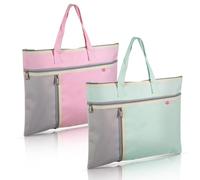 Realand 2Pcs A4 Waterproof Document Bag File Organizer, 3 Pockets Oxford Zipper Pouches for Organizing with Handle, Notary Bag for Paper Books Project Tote Bag, Green and Pink