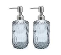 Realand 2Pcs Glass Soap Dispenser with Stainless Steel Pump, 450ml Vintage Refillable Liquid Soap Dispenser Set for Bathroom, Kitchen, Hand Soap, Dish Soap, Lotion, Grey