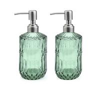 Realand 2Pcs Glass Soap Dispenser with Stainless Steel Pump, 450ml Vintage Refillable Liquid Soap Dispenser Set for Bathroom, Kitchen, Hand Soap, Dish Soap, Lotion, Green