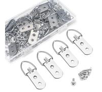 Realand 50 Pack D Ring Picture Hangers with Screws, Heavy Duty 2 Holes Picture Frame Hanging Hardware for Painting Clock Mirror Artwork Photo Picture Hooks with Storage Box