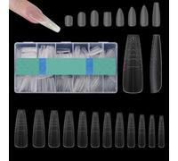 Realand 600 Pack Long Coffin Nail Tips with Guiding Line, 8 Shapes with 12 Sizes, Clear False Acrylic Nail Tips Ballerina Matte Extensions Full Cover with Case for Salon and DIY