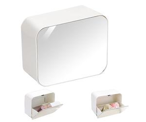 Realand Qtip Holder with Mirror for Wall, Push Type Cotton Swabs Balls Rounds Dispenser, Adhesive Bathroom Wall Organizer for Floss Pick Makeup Pads Hair Tie, 2 Slots