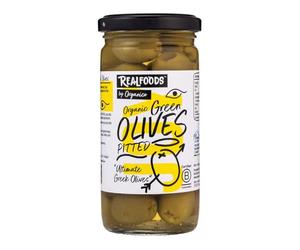 Realfoods by Organico | Organic Gr reen Pitted Olives - Sun-Ripened, Juicy & Ready to Eat, 230g