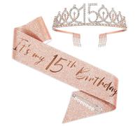 realideas Birthday Girl Sash and Tiara - 15th Rose Gold Tiara and Sash Set Birthday Sash and Tiara Kids Rhinestone Crown Set with Beading Pin